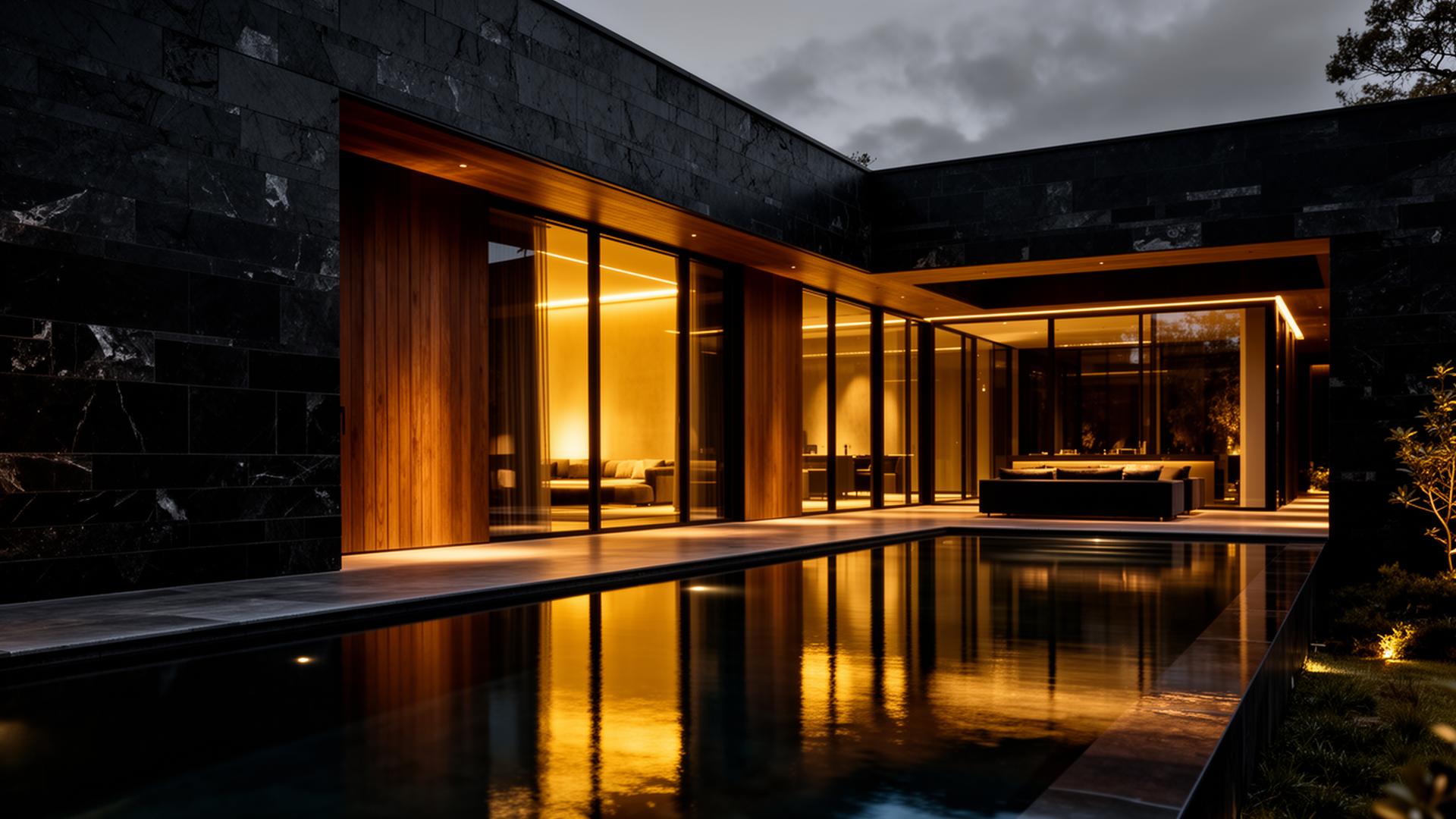 Luxury modern home at dusk with warm interior glow